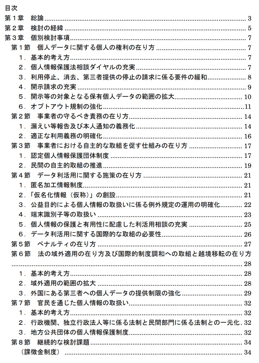 「個人情報保護法　いわゆる３年ごと見直し　制度改正大綱」の目次