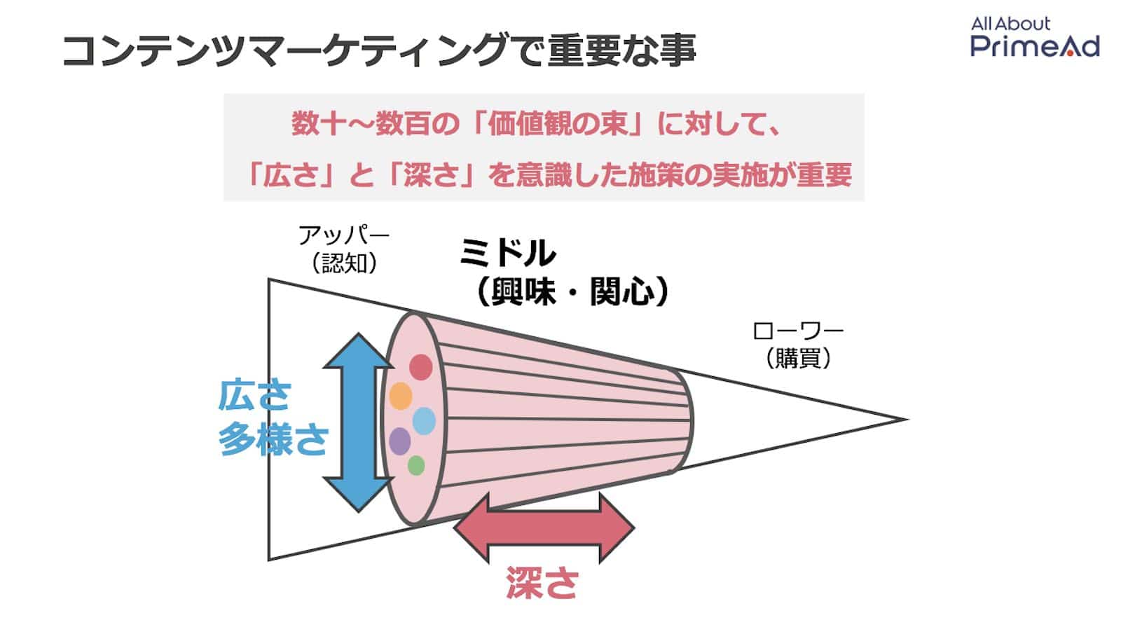 資料：All About PrimeAd　コンテンツマーケティングで重要な事。数十〜数百の「価値観の束」に対して、「広さ」と「深さ」を意識した施策の実施が重要であることを示す図。アッパー（認知）、ミドル（興味・関心）、ローワー（購買）の各フェーズに対して、広さ・多様さと、深さを示す