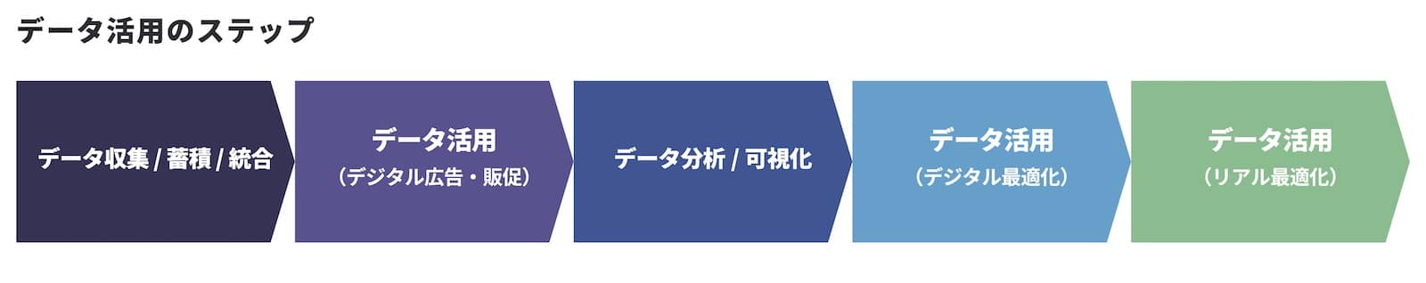 データ活用のステップ：データ収集／蓄積／統合→データ活用（デジタル広告・販促）→データ分析／可視化→データ活用（デジタル最適化）→データ活用（リアル最適化）