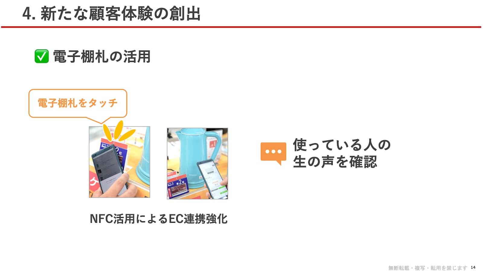 電子棚札の活用:スマートフォンで電子棚札をタッチすることで、NFC活用によるEC連携が強化され、使っている人の生の声(レビュー)を確認できる。
