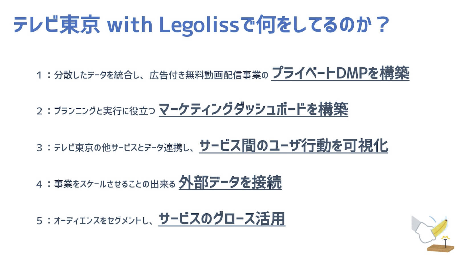 テレビ東京とLegolissによるデータ活用取り組み概要 1:分散したデータを統合し、広告付き無料動画配信事業のプライベートDMPを構築、2:プランニングと実行に役立つマーケティングダッシュボードを構築、3:テレビ東京の他サービスとデータ連携し、サービス間のユーザ行動を可視化、4:事業をスケールさせることの出来る外部データを接続、5:オーディエンスをセグメントし、サービスのグロース活用。