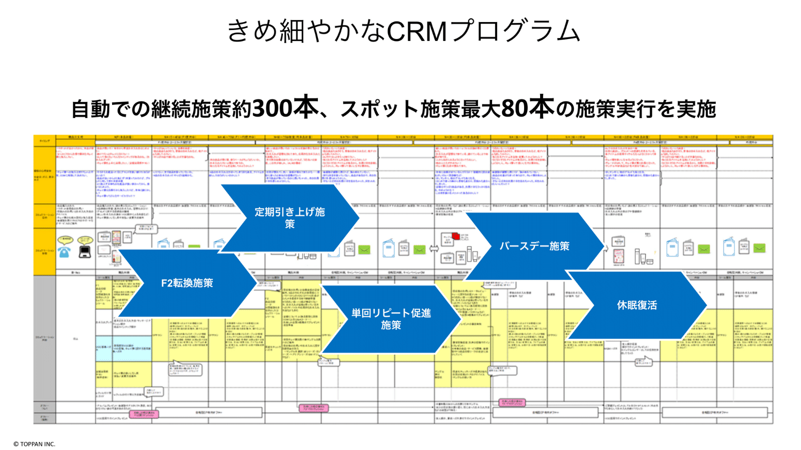 きめ細やかなCRMプログラム：自動での継続施策約300本、スポット施策最大80本の施策実行を実施。図にはシナリオにもとづいた各施策が示され、青い矢印で「F2転換施策」「定期引き上げ施策」「単回リピート促進施策」「バースデー施策」「休眠復活」などの具体的な施策を行なっている。