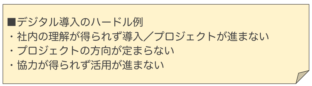 デジタル導入のハードル例：
・社内の理解が得られず導入／プロジェクトが進まない
・プロジェクトの方向が定まらない
・協力が得られず活用が進まない